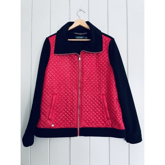 LRL Lauren Ralph Lauren Fleece Jacket L Large Quilted Red Polyester Full Zip - Picture 1 of 7